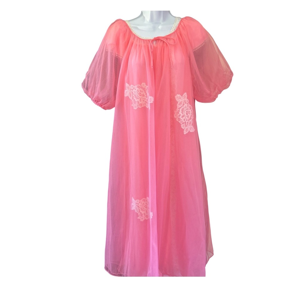 Vintage Lisette Peignoir Chiffon Lace Robe Coquette Barbiecore  Puff Sleeve 34